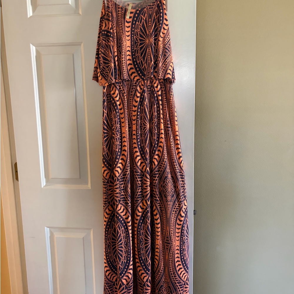 Women’s Printed Maxi Dress in Peach and Navy